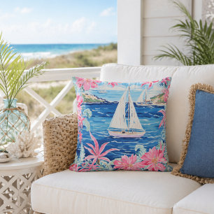 Watercolor Pink Tropical Sailboat Coastal Outdoor Cushion