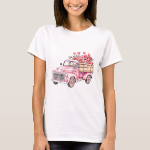 watercolor Pink Truck With Hearts and flowers T-Shirt