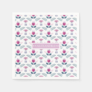 Watercolor Pink Tulip chic design monogram Napkin