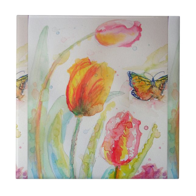 Watercolor Pink Tulip Floral Ceramic Tile (Front)