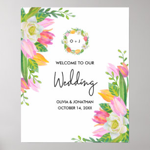Watercolor Pink Tulip Monogram Wedding Welcome Poster