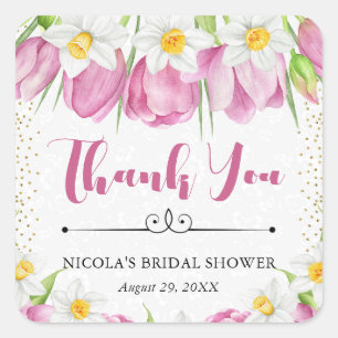 Watercolor Pink Tulips and Daffodils Bridal Shower Square Sticker