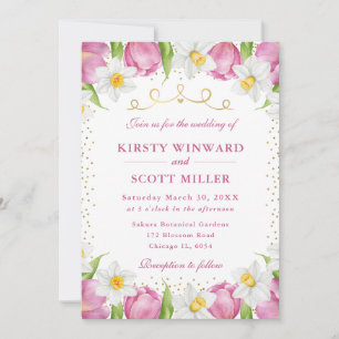 Watercolor Pink Tulips and Daffodils Wedding Invitation