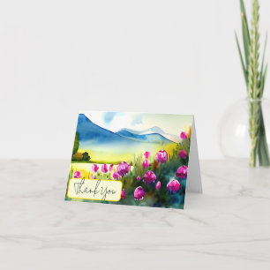 Watercolor pink tulips and mountain customisable card
