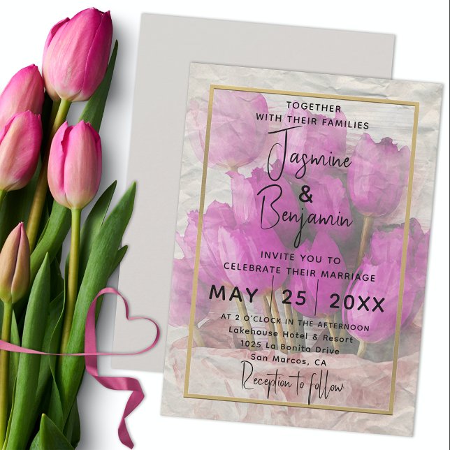 Watercolor Pink Tulips Bouquet Wedding Invitation (Creator Uploaded)