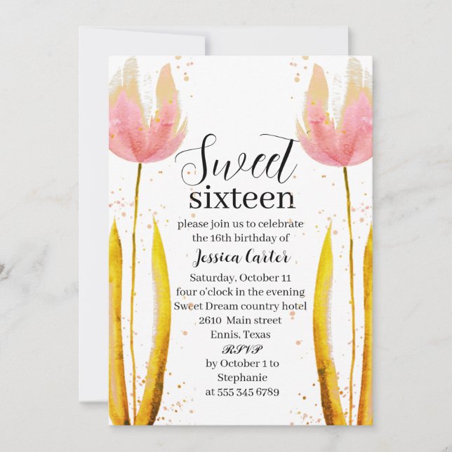 Watercolor Pink Tulips Floral Sweet 16 Sixteen Invitation (Front)