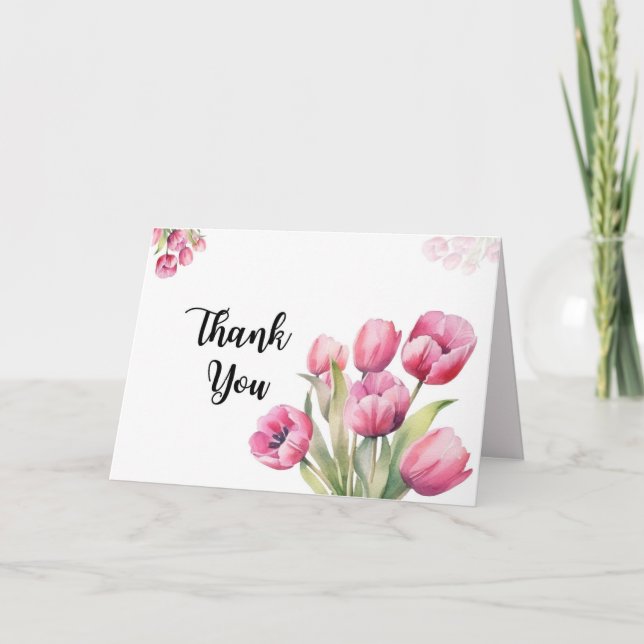 Watercolor pink Tulips folded Thank You Card  (Front)