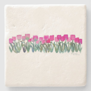 Watercolor Pink Tulips Limestone Coaster