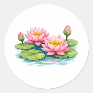 Watercolor Pink Water Lilies and Lily Pads Classic Round Sticker