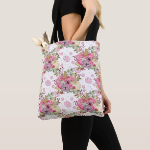 WATERCOLOR PINK & WHITE FALL PUMPKINS & FLOWERS TOTE BAG