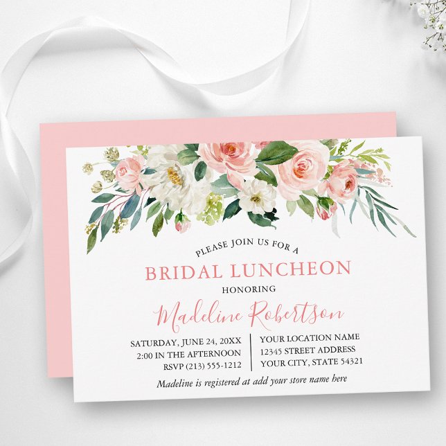 Watercolor Pink White Floral Bridal Shower Lunch Invitation (Customize to change text color, text style or color of back of card.)