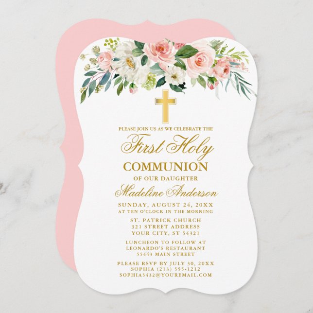 Watercolor Pink White Floral First Communion Gold  Invitation (Front/Back)