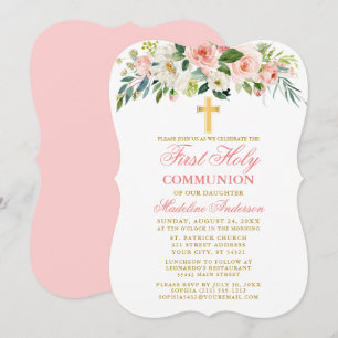 Watercolor Pink White Floral First Communion Pink Invitation