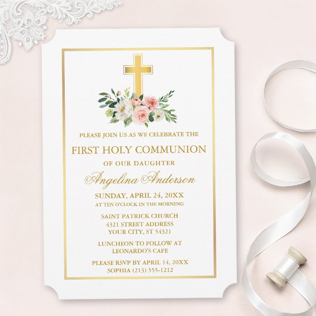 Watercolor Pink White Floral Gold Frame Communion Invitation (Customize to change text size, text style or color.)