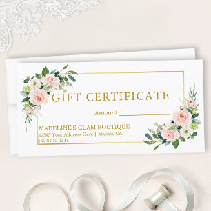 Watercolor Pink White Floral Gold Gift Certificate