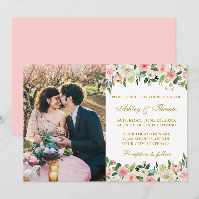 Watercolor Pink White Floral Gold Photo Wedding Invitation (Front/Back)