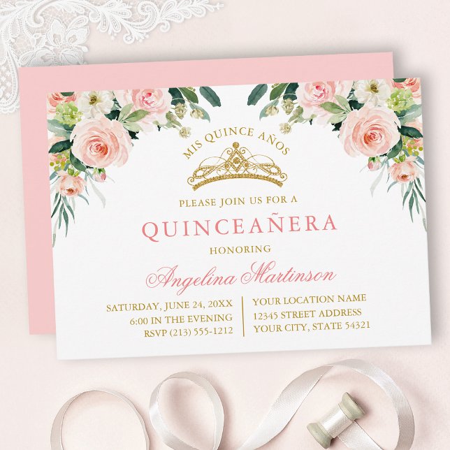 Watercolor Pink White Floral Gold Quinceanera Invitation (Customize to change text color, text style or color of back of card.)
