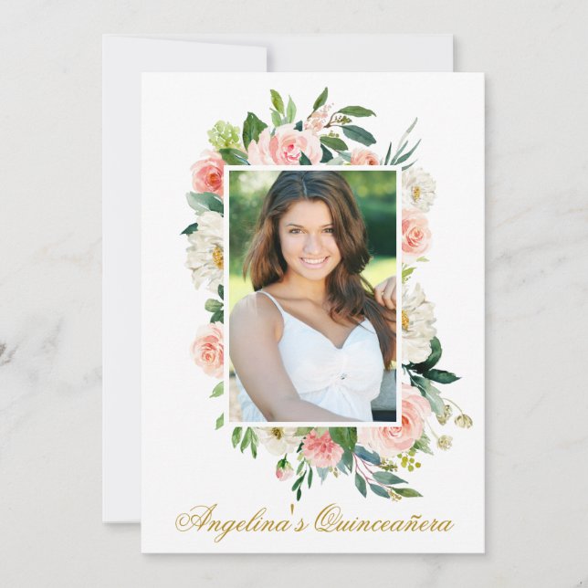 Watercolor Pink White Floral Photo Quinceanera Invitation (Front)