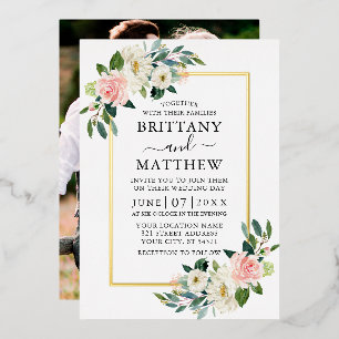 Watercolor Pink White Floral Photo Wedding Gold