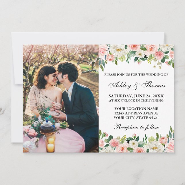 Watercolor Pink White Floral Photo Wedding Invitation (Front)