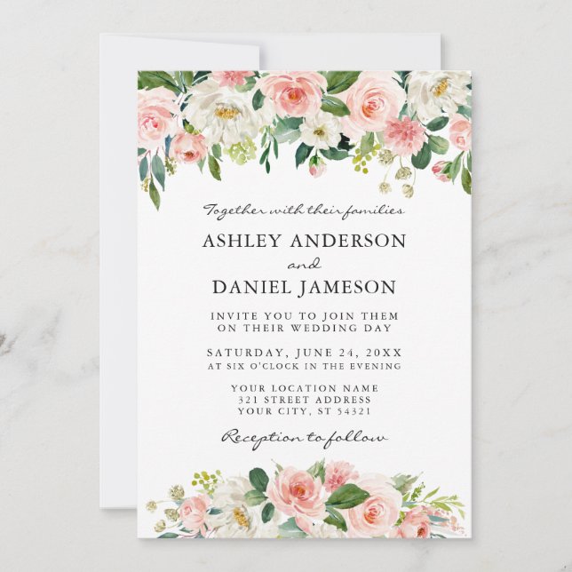 Watercolor Pink White Floral Wedding Elegant Invitation (Front)
