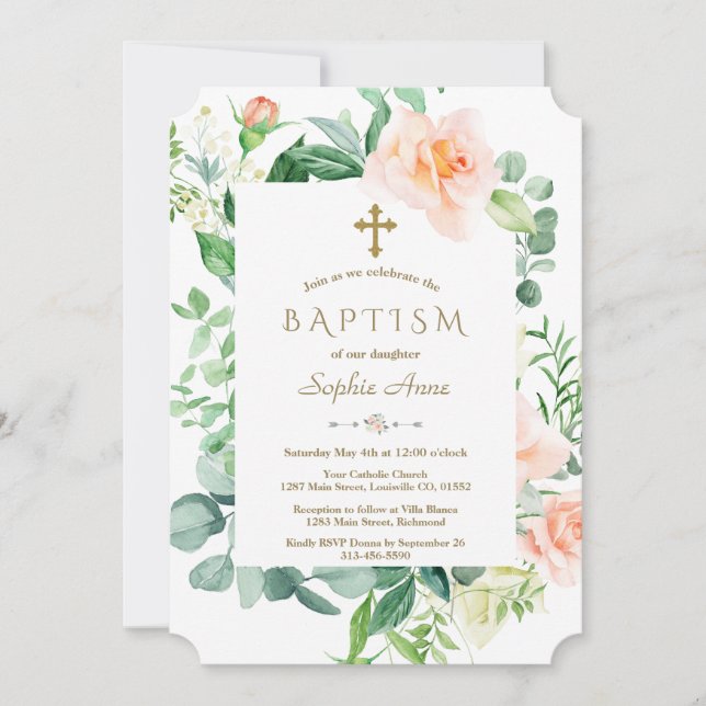 Watercolor Pink White Flowers Frame Baptism Invitation (Front)