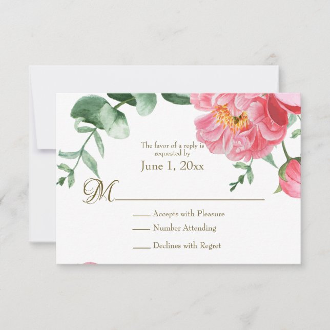 Watercolor Pink & White Peonies Floral RSVP Card (Front)