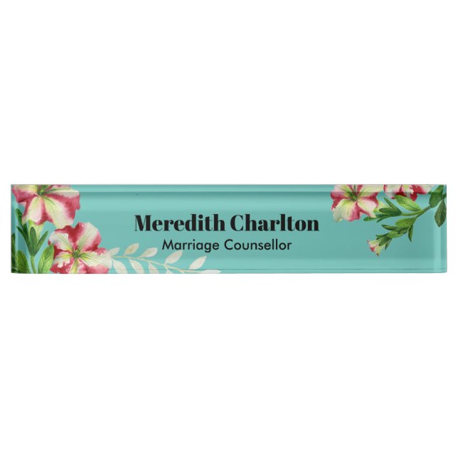 Watercolor Pink White Petunia Turquoise Background Nameplate (Front)