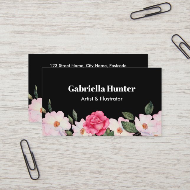 Watercolor Pink White Roses Ballerina Floral Black Business Card (Front/Back In Situ)
