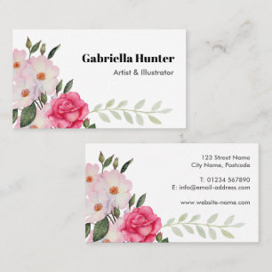 Watercolor Pink White Roses Ballerina Floral Leafy Business Card