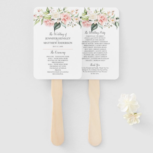 Watercolor Pink White Roses Eucalyptus Greenery Hand Fan (Front and Back)