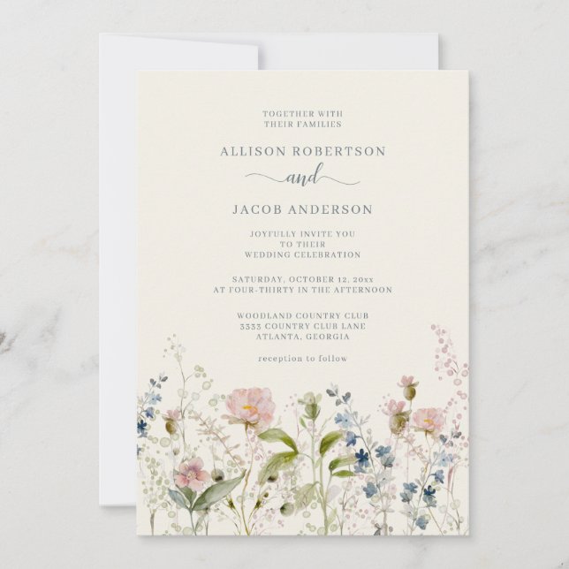 Watercolor Pink Wildflower Floral Blue Wedding Invitation (Front)