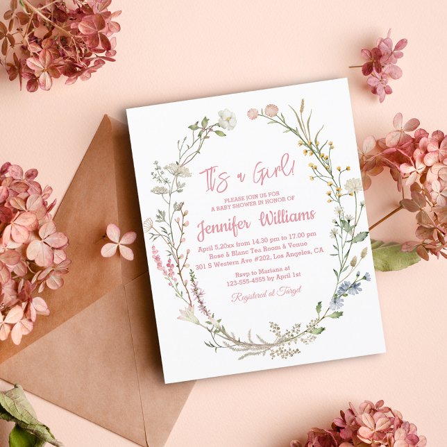 watercolor pink wildflowers baby shower invitation (Creator Uploaded)