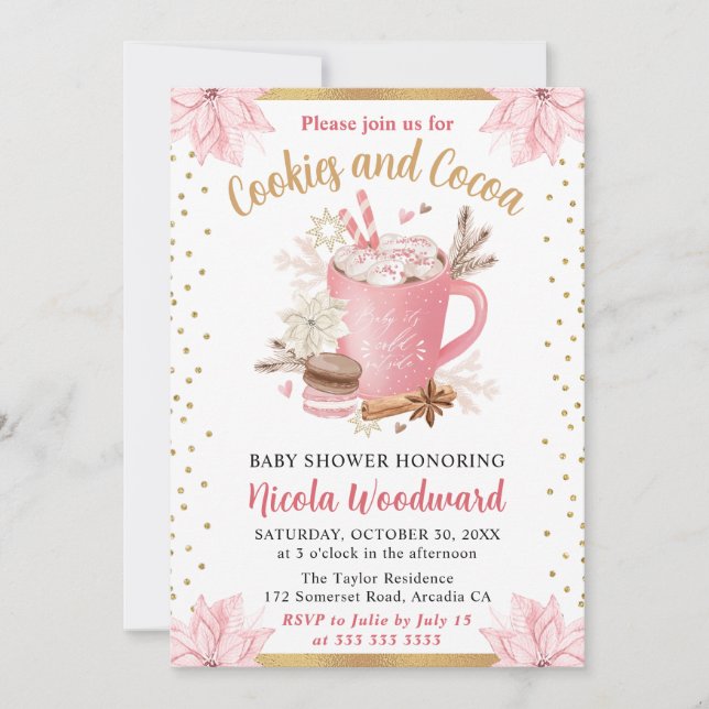 Watercolor Pink Winter Cookies & Cocoa Baby Shower Invitation (Front)