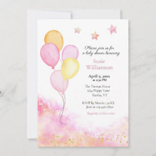 Watercolor Pink & Yellow Balloon Baby Shower Invitation