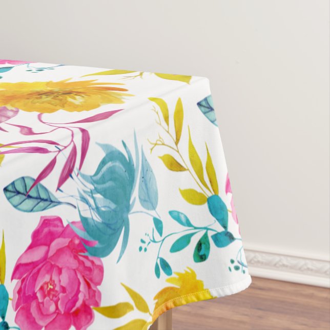 Watercolor Pink, Yellow & Blue Summer Flowers Tablecloth (In Situ)