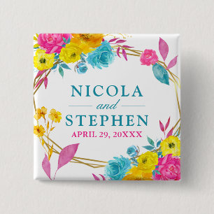 Watercolor Pink Yellow Blue Summer Flowers Wedding 15 Cm Square Badge