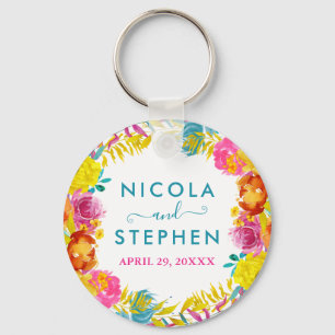 Watercolor Pink Yellow Blue Summer Flowers Wedding Key Ring
