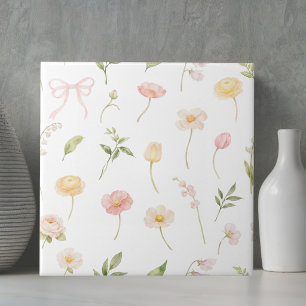 Watercolor Pink Yellow Flower Pattern Floral Ceramic Tile