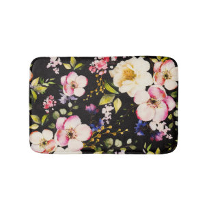 Watercolor Pink Yellow Roses Black Background Bath Mat