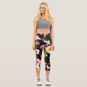 Watercolor Pink Yellow Roses Black Background Capri Leggings