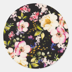 Watercolor Pink Yellow Roses Black Background Classic Round Sticker