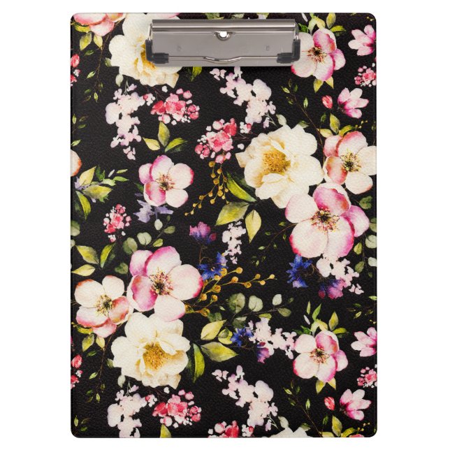 Watercolor Pink Yellow Roses Black Background Clipboard (Front)