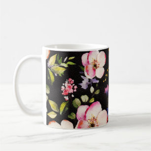 Watercolor Pink Yellow Roses Black Background Coffee Mug