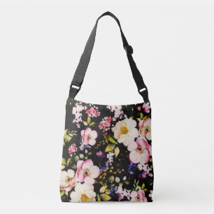 Watercolor Pink Yellow Roses Black Background Crossbody Bag