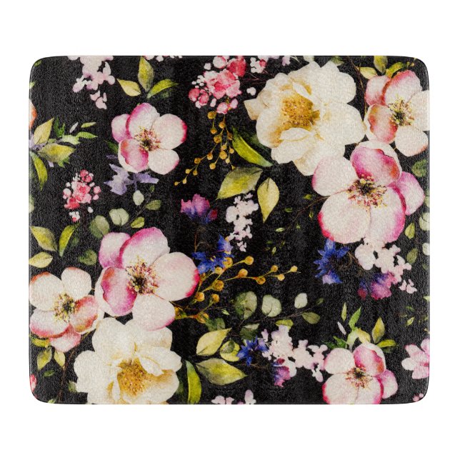 Watercolor Pink Yellow Roses Black Background Cutting Board (Front)