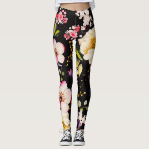 Watercolor Pink Yellow Roses Black Background Leggings