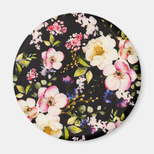 Watercolor Pink Yellow Roses Black Background Magnet