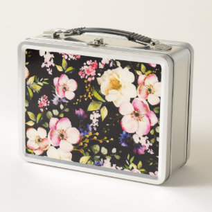 Watercolor Pink Yellow Roses Black Background Metal Lunch Box