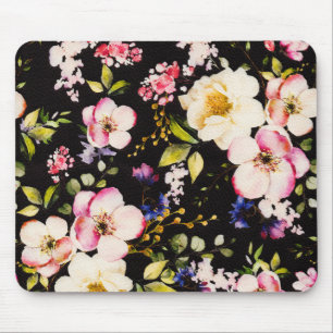 Watercolor Pink Yellow Roses Black Background Mouse Pad